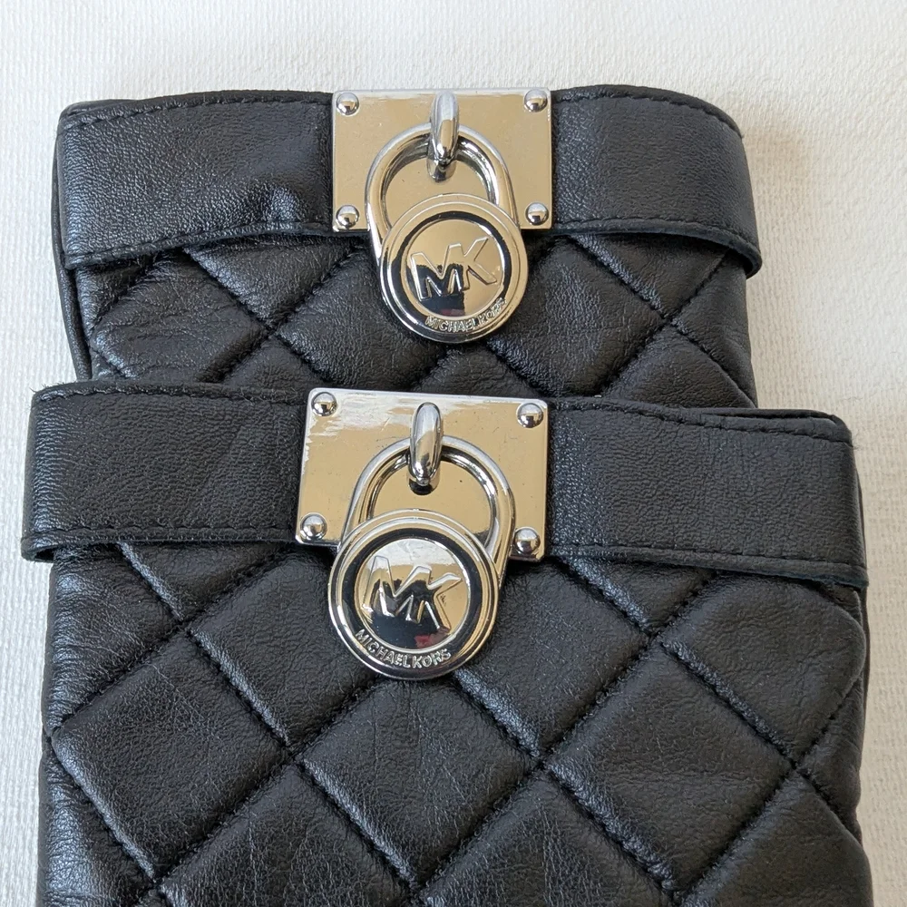 Michael Kors Black Quilted Leather Gloves with Silver Accents